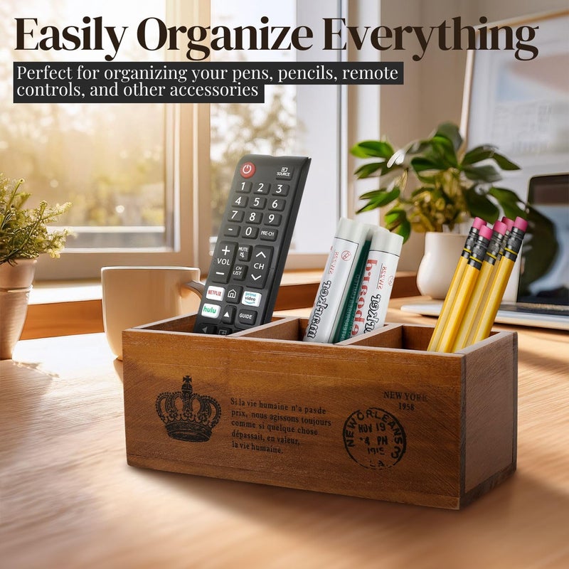 Flexzion Rustic Wooden Pencil Holder for Office - 3 Compartments - Desk and Table Storage Organizer - Multifunctional Remote Control Holder for Home, School and Office - Image 2